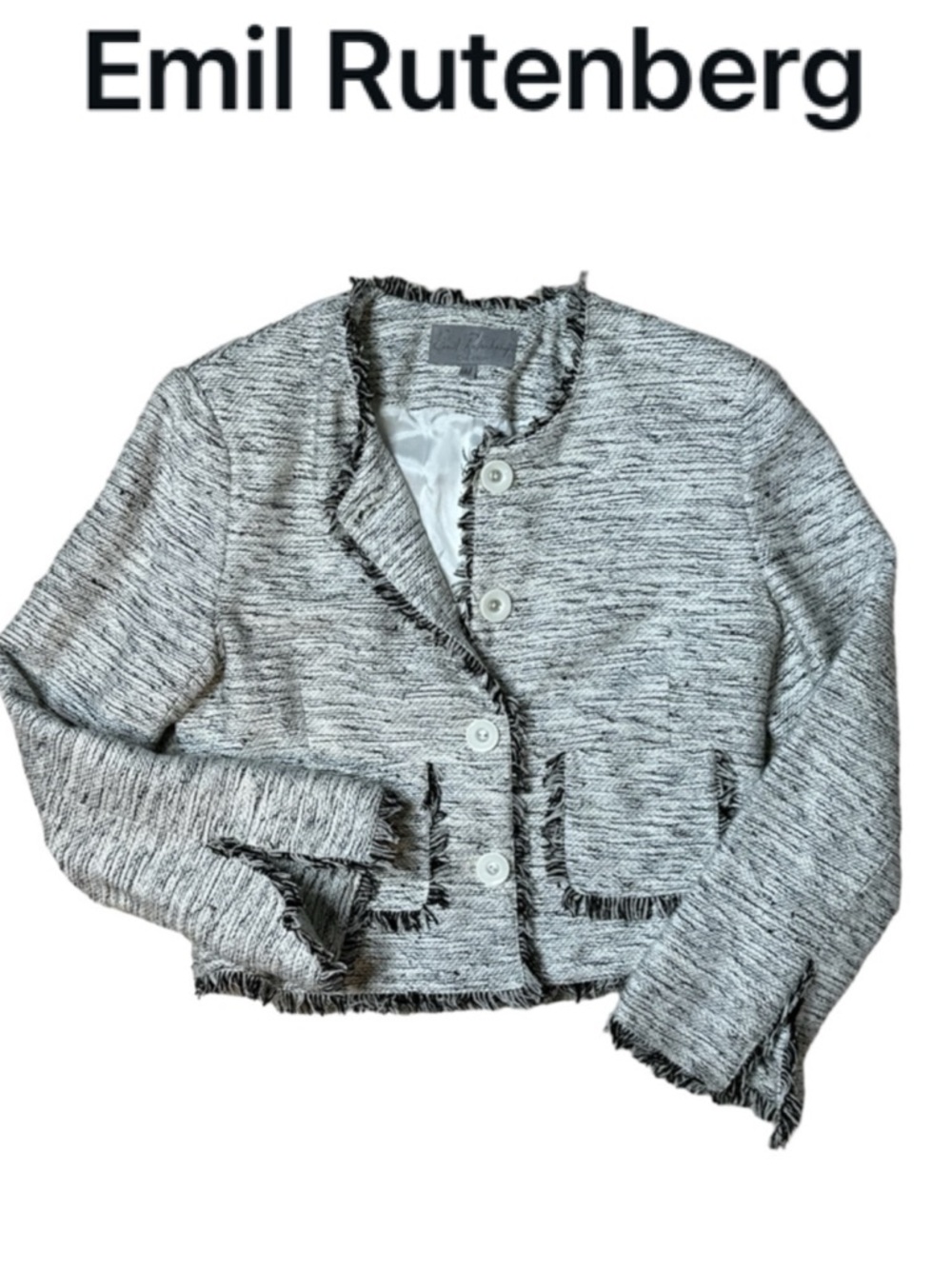 VINTAGE 90s EMIL RUTENBERG SILK TWEED FRINGE BLAZER CHANEL STYLE CROPPED JACKET